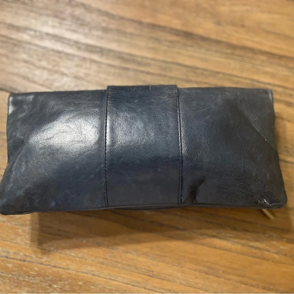 HOBO Soft Blue Leather Foldover Magnetic Clutch Purse Bronze Ring Boho Evening - Picture 3 of 12